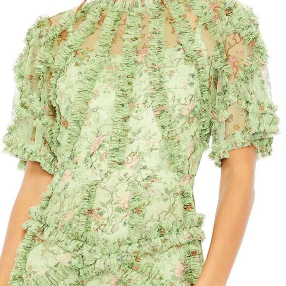 NWT Mac Duggal Floral Flutter Sleeve Mesh Print Dress - Sage Multi - size 8 - Picture 7 of 8